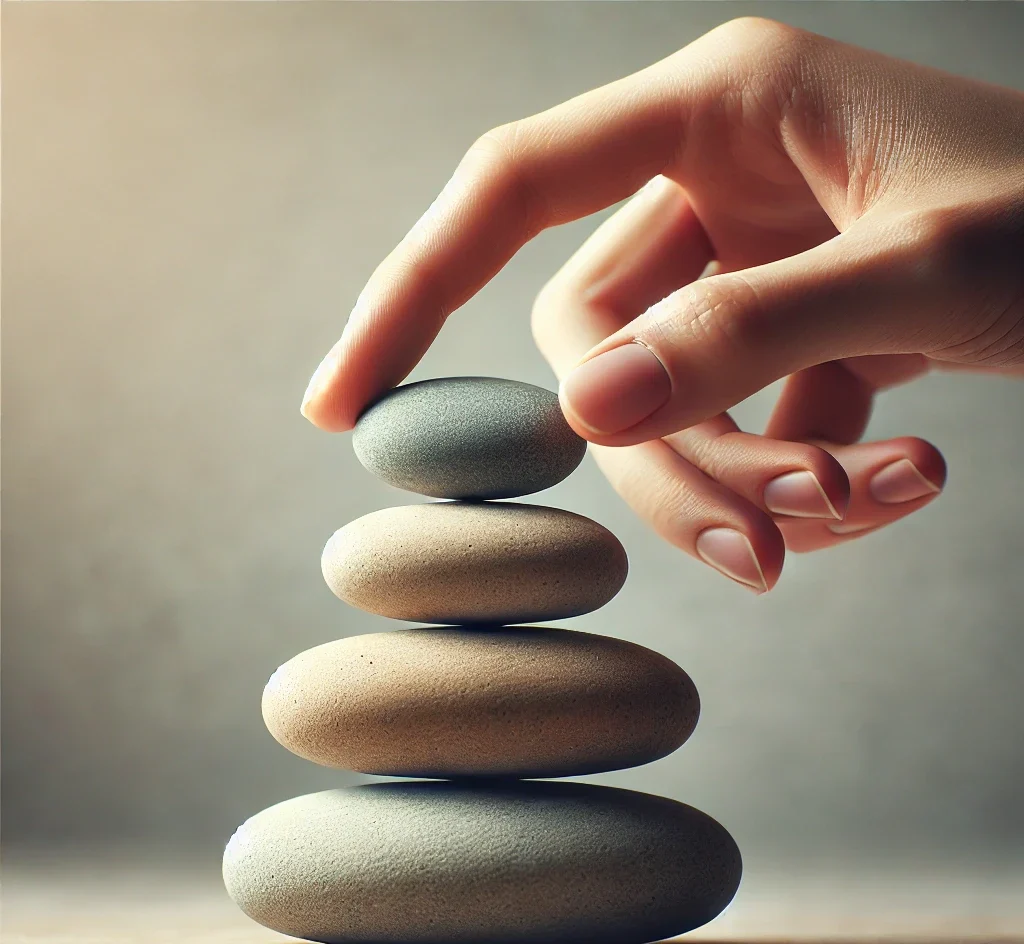 A conceptual image representing self control and balance a close up of a hand delicately balancing a set of smooth stones in a harmonious stack, set for self-control