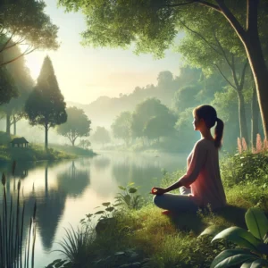 A serene scene of a person meditating outdoors in a tranquil environment. The individual is sitting cross legged near a calm lake, surrounded by lush, self-control