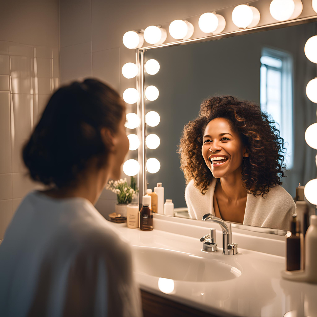 Transplantation, A person smiling confidently in front of a mirror, experiencing the positive psychological effects after hair restoration.