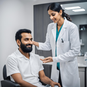 Transplantation, A patient sitting with a hair restoration specialist in a modern clinic, discussing hair loss treatment options.