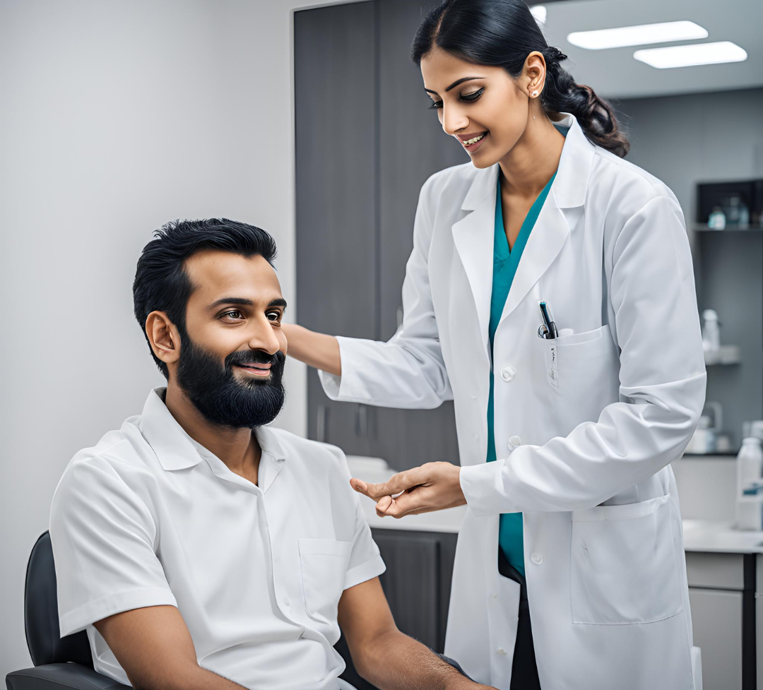 Transplantation, A patient sitting with a hair restoration specialist in a modern clinic, discussing hair loss treatment options.