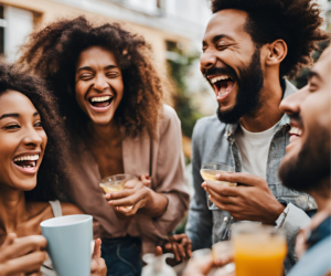 ozempic personality changes, A group of people laughing and interacting, possibly at a social gathering, to represent the positive personality changes and boost in confidence that some users experience.