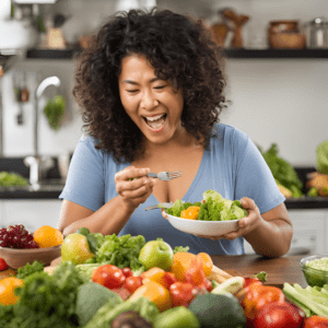 ozempic personality changes,A person choosing healthier food options, perhaps vegetables or fruits, with a visible reduction in portion size, symbolizing appetite control and healthy lifestyle changes.