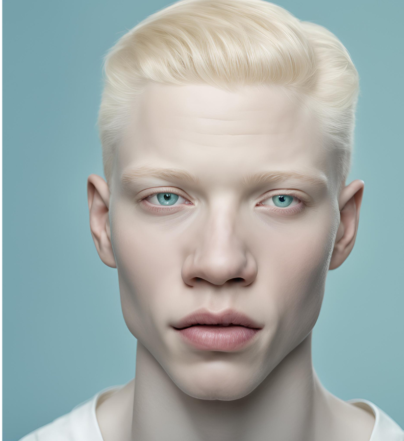 albino black person, A close-up portrait of an albino black person with light skin, pale blonde hair, and striking light-colored eyes (blue/green). The background should be soft and neutral to highlight their unique features.