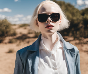 Albino black person, A person of African descent with albinism standing in a sunny outdoor setting, wearing sunglasses and protective clothing to shield from UV rays. The contrast between their pale skin and the vibrant environment emphasizes the need for sun protection.