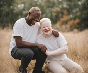 Albino black person, A tender moment of an albino black person with Down syndrome, smiling or engaging in a social activity. This image would emphasize the beauty of diversity and the importance of inclusion.