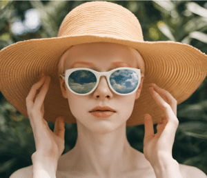 health, A person with albinism wearing a wide-brimmed hat, long-sleeve shirt, and sunglasses while walking outside. This would highlight the essential protective measures to prevent sunburn and skin damage.