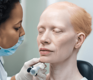 health, A close-up of an albino black individual examining their skin, looking for any signs of sun damage or irregularities like moles. This would emphasize the need for regular skin checks to monitor for potential skin cancer.