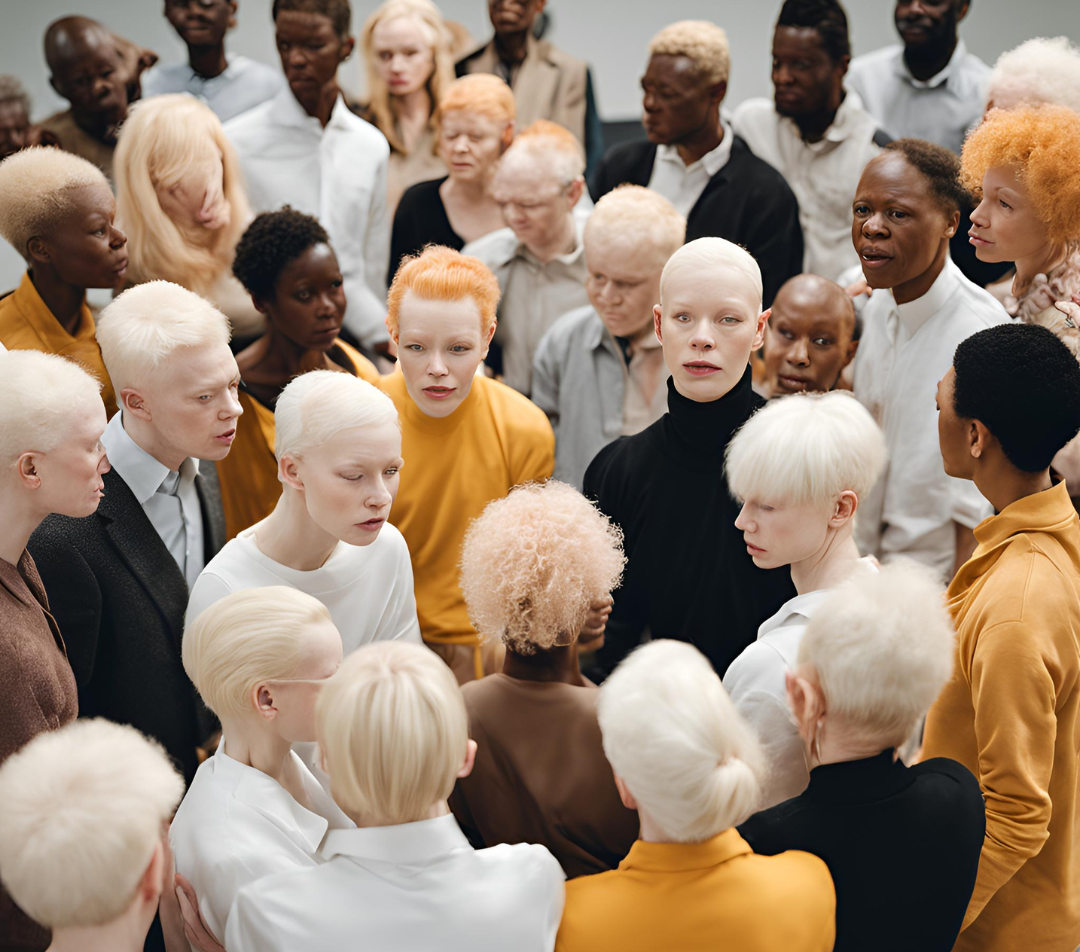 Health, group of albino black individuals gathered together in a support group or community meeting. This would symbolize the importance of emotional and social support in addressing the psychological health concerns related to albinism.