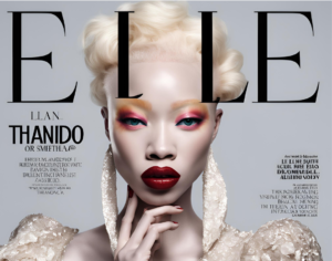 albino black individual, A portrait of Thando Hopa confidently posing for a photo shoot, showcasing her unique beauty. The image could include her wearing fashion-forward attire, symbolizing her role as a trailblazer in the fashion industry and her advocacy for albinism visibility