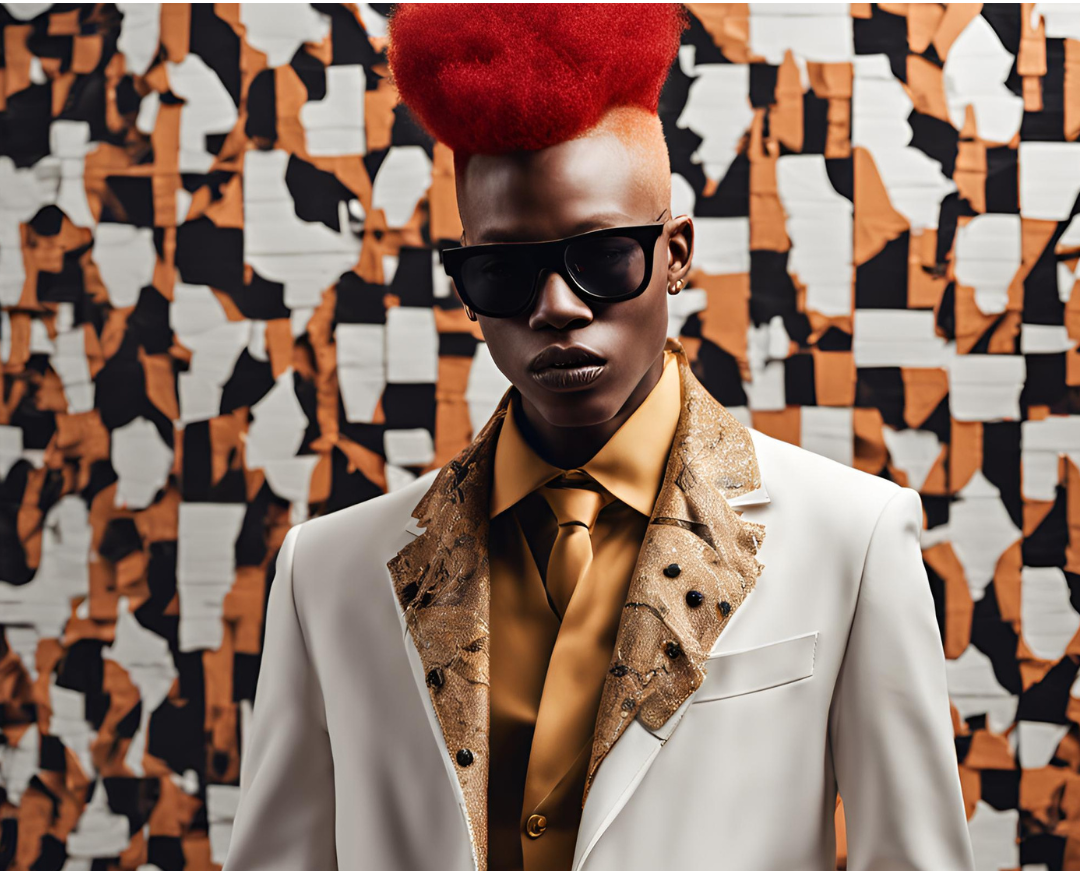 Albino black person with red hairs, A fashion shot of an albino black person with red hair wearing stylish clothing. Their unique appearance and confidence shine through in this modern, high-fashion setting. The scene should blend high fashion with bold individuality, challenging traditional beauty standards.