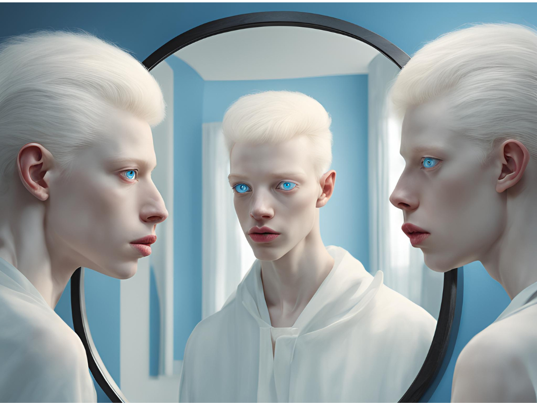 albino black persons with blue eyes, An introspective image of an albino black person with blue eyes looking into a mirror. Their reflection could be seen in the mirror, symbolizing self-awareness, acceptance, and their journey toward embracing their uniqueness. The lighting should be soft to highlight the contrast of their features and provide a sense of reflection and inner strength.