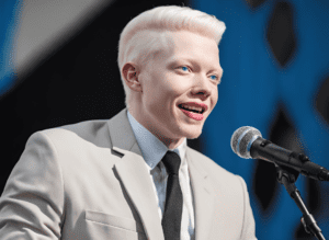 albino black person with blue eyes, A photo of an albino black individual with blue eyes speaking on stage or participating in a community event, demonstrating leadership and advocacy. This could be in a public setting like a conference or panel discussion, with the focus on their role as a voice for awareness about albinism. The image should convey strength, confidence, and the power of using one’s platform for positive change.