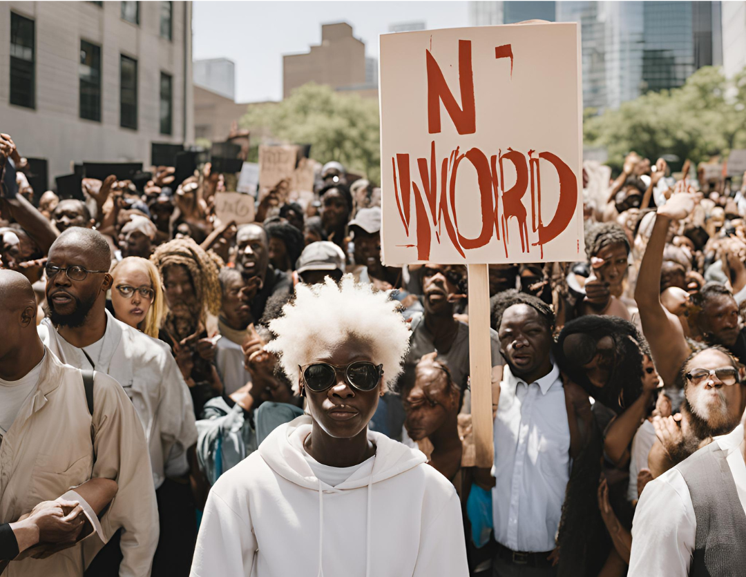 Can an Albino Black Person Say the N-Word, An albino black person holding a sign crossing out “The N-Word,” symbolizing the debate.