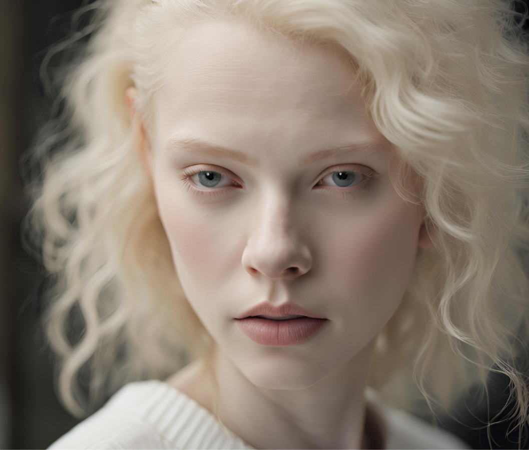 albino people dye their hair, Close-up of albino individual with pale blonde hair, looking at the camera with a thoughtful expression, in natural light, showcasing the unique hair texture.