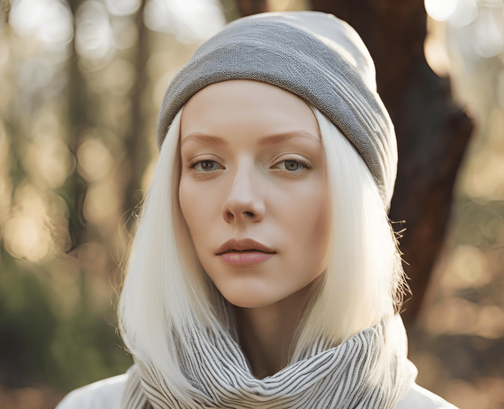 albino people dye their hair, Albino black person with straight hair, wearing a lightweight scarf or hat to shield hair from the sun, with natural outdoor surroundings.