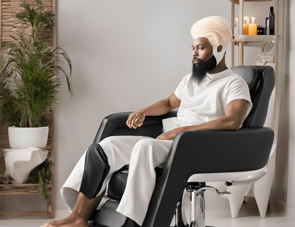 Person with albino black straight hair using deep conditioning treatment, sitting in a chair with a hair mask applied, in a relaxing setting.