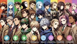 A visually appealing image showcasing a selection of anime characters in a group, each demonstrating a distinct personality.