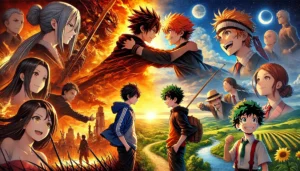 an image showcasing dynamic interactions between anime characters in a vivid, engaging style. The image features a fiery