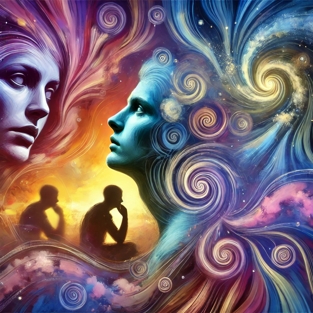 A captivating image depicting a person lost in thought, surrounded by surreal, dream like imagery symbolizing intense emotional obsession (limerence)