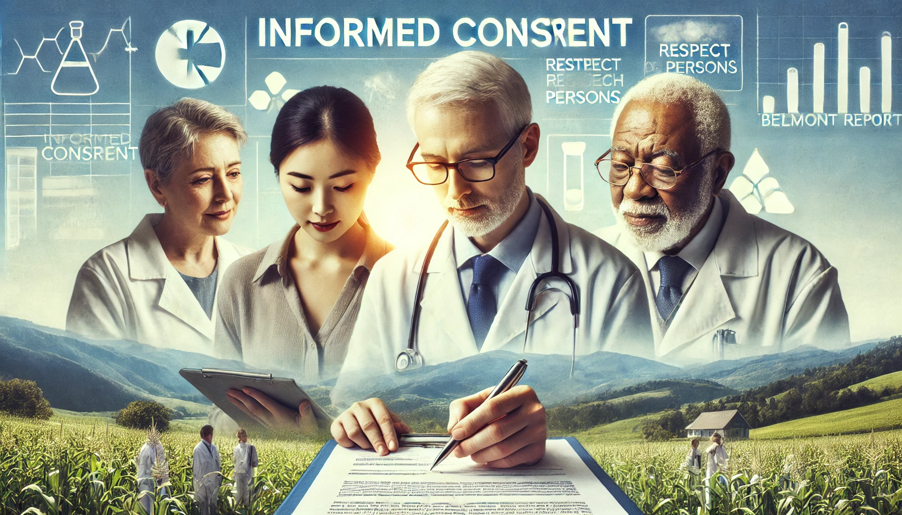 A visually appealing landscape image symbolizing the concept of informed consent in research. The image should include a diverse group of people